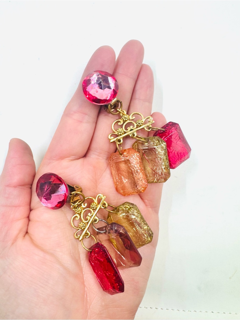 Vintage Lucite Multi-Stone Dangle Earrings Vibrant